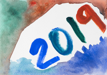 Number 2019 drawn by hand with rough brush. Grunge, watercolor, sketch, graffiti. Template for the New Year's design, Hand drawn brush stroke colorful paint