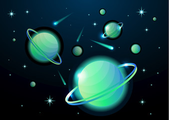 Fantastic space background with planets with ring, stars and comets. Astronomy and space, celestial objects, astrology and the universe, the space of galaxies and cosmic lights. Vector illustration.