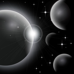 Galaxy background Universe with planets and bright stars. Cosmic abstract vector illustration for your design.