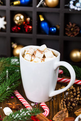 Christmas and New Year Background with Hot Cocoa with Marshmallows. Selective focus.