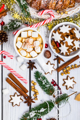Christmas and New Year Background with Hot Cocoa with Marshmallows. Selective focus.
