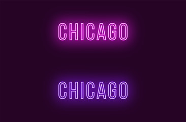 Neon name of Chicago city in USA. Vector text