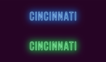 Neon name of Cincinnati city in USA. Vector text
