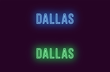 Neon name of Dallas city in USA. Vector text