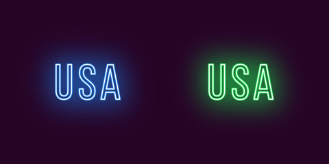 Neon name of USA country. Vector text of USA