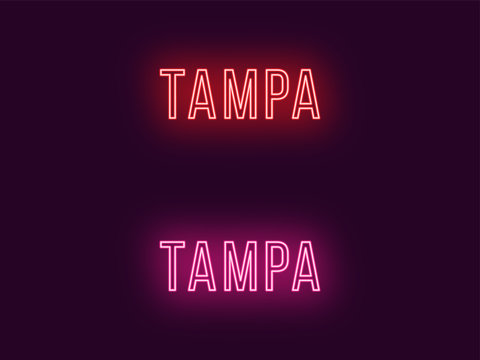 Neon name of Tampa city in USA. Vector text
