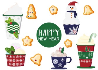 background of a set of colorful delicious cupcakes, cakes, desserts, ice cream with Christmas and new year decorations.flat style. Vector. elements for the new year, holiday cards, greeting cards