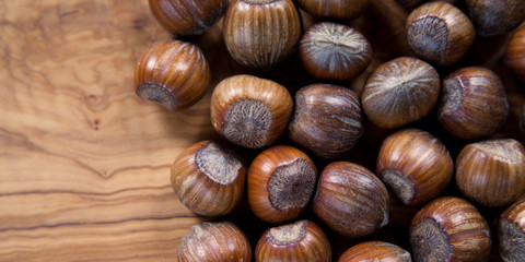 whole hazelnuts in shell with olive board - copy space on wooden board. Hazelnuts are good source of protein, healthy snack and are important for a healthy, balanced, vegan and plant based diet. 