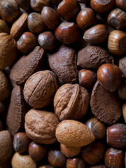 Mixed nuts: walnuts, hazelnuts, brazil nuts in shell. Top view position, to create background.