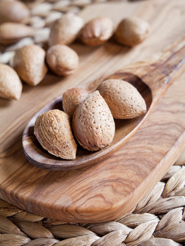 Olive wood with almond nuts in shell. Copy space on wooden board and wooden spoon. Almonds are good source of protein. Nuts are important part of healthy, balanced, vegan and plant based diet. 