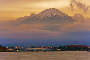 View of the Mount Fuji at sunset from Lake Kawaguchi, Japan.