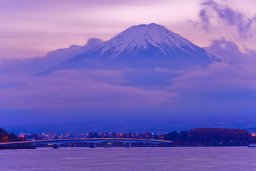 View of the Mount Fuji at dusk from Lake Kawaguchi, Japan.