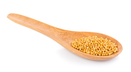 mustard seeds in spoon isolated on white background