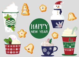 background of a set of colorful delicious cupcakes, cakes, desserts, ice cream with Christmas and new year decorations.flat style. Vector. elements for the new year, holiday cards, greeting cards