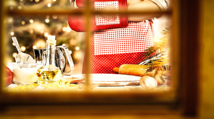Woman cook in kitchen and winter window space 