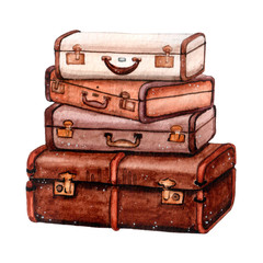 Watercolor travel suitcases in brown colors for adventures