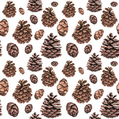 Watercolor seamless pattern with pine cones. For the Christmas design and decoration