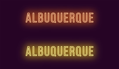 Neon name of Albuquerque city in USA. Vector text