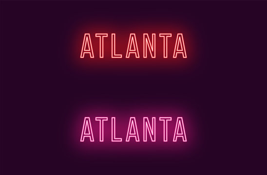 Neon name of Atlanta city in USA. Vector text