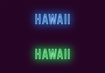 Neon name of Hawaii state in USA. Vector text