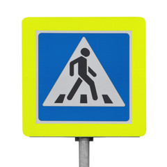 photograph of a pedestrian crossing sign isolated on a white background