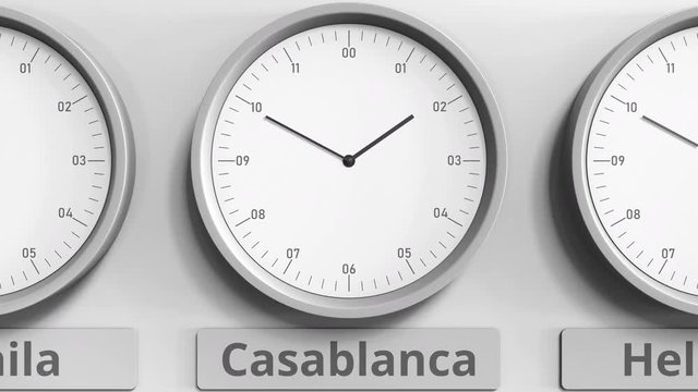Clock shows Casablanca, Morocco time among different timezones. 3D animation