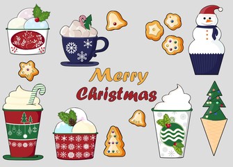 background of a set of colorful delicious cupcakes, cakes, desserts, ice cream with Christmas and new year decorations.flat style. Vector. elements for the new year, holiday cards, greeting cards