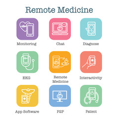 Telemedicine abstract idea with icons illustrating remote health and software