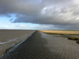 North Sea Shore in East Frisia (Ostfriesland) with Dramatic Clouds and Light