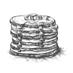 Vector vintage pancake drawing. Hand drawn monochrome food illustration. Great for menu, poster or label.