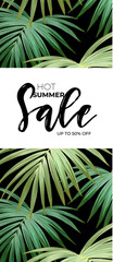 Summer vector floral sale banner. Tropical template design with banana and sabal palm leaves and yellow bird of paradise flowers.