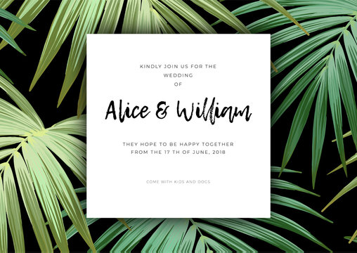 Floral wedding invitation with guzmania flowers, monstera and royal palm leaves. Exotic hawaiian vector background.