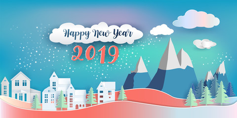 Fototapeta na wymiar Happy new year 2019 and merry christmas, paper art style,.