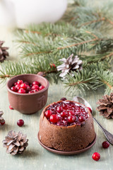 Sweet homemade dessert. Round cake with cranberries and protein cream on a small ceramic plate, next to the fir branch and pine cones. 