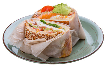 Breakfast. Fish Burger with salmon and salad