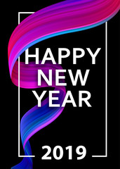 Happy New Year 2019 card with brush stroke spiral.