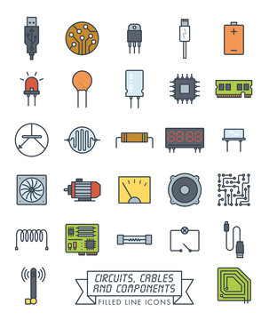 Electronic components filled line icons vector set