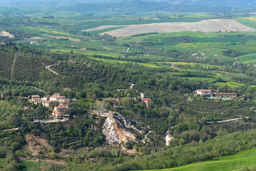 Amazing aerial view of Bagno Vignoni from Fortress of Tentennano, Tuscany, Italy