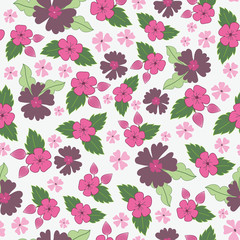 Pink flowers and green leaves on white background seamless vector pattern