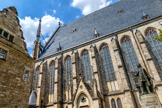 Saint Thomas Church (Thomaskirche) With Bach Monument In Leipzig, Saxony, Germany