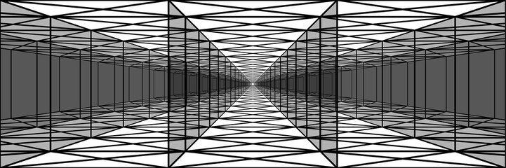 triple tunnel with transparent walls, long corridors, psychedelic drawing, optical illusion