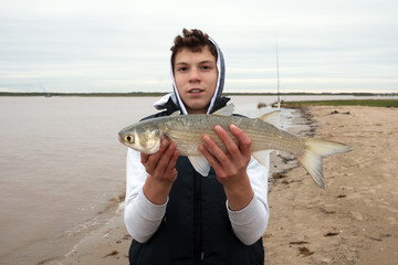 Teenager with a fish Striped Mullet (Mugil cephalus) in their hands on the background of the shore and the sea