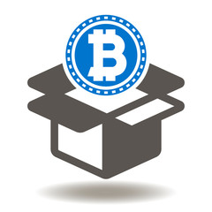 Package bit coin icon vector. Parcel bitcoin illustration. Modern financial cryptocurrency project logo. Digital money startup product symbol.