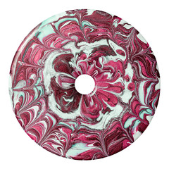 Abstraction from mixed acrylic paints on a round disk.