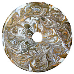Abstraction from mixed acrylic paints on a round disk.
