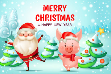 Chinese new year 2019. Dance pig and Santa Claus. 3d vector cartoon illustration.