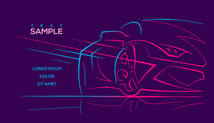 Modern car abstract neon line illustration. Vector. Text outlined. 