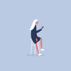 Young female character sitting on the bar stool and holding a smartphone. Millennial lifestyle. Social media. Flat editable vector illustration, clip art