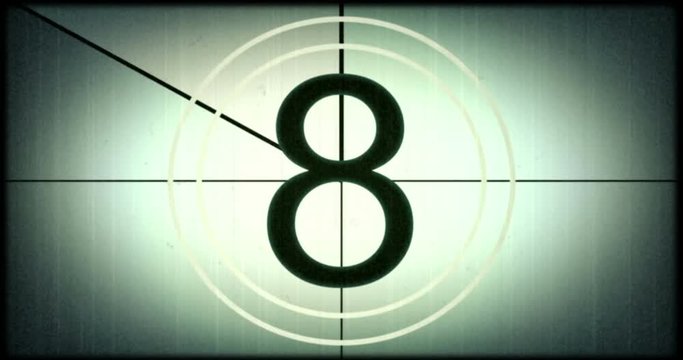 universal film leader, symbol counting down from 8, with chroma key green screen at the final, vintage style movie sign