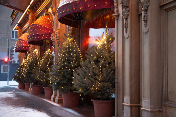 cozy streets of the big city, decorated with light bulbs and decorations for the new year